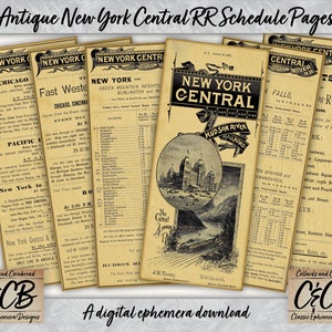Conjunto de páginas de programação ferroviária antiga New York Central & Hudson para download digital para diário de lixo, criação de cartões, scrapbooking e artesanato