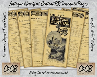 Conjunto de páginas de programação ferroviária antiga New York Central & Hudson para download digital para diário de lixo, criação de cartões, scrapbooking e artesanato