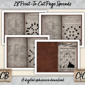 May include: A digital download of 28 printable crossword puzzles, formatted to 8.5 x 11 inch sheets. The image shows a vintage-style crossword puzzle with the title "Idle Hour Crossword Puzzler".