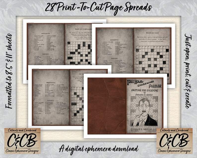 May include: A digital download of 28 printable crossword puzzles, formatted to 8.5 x 11 inch sheets. The image shows a vintage-style crossword puzzle with the title "Idle Hour Crossword Puzzler".