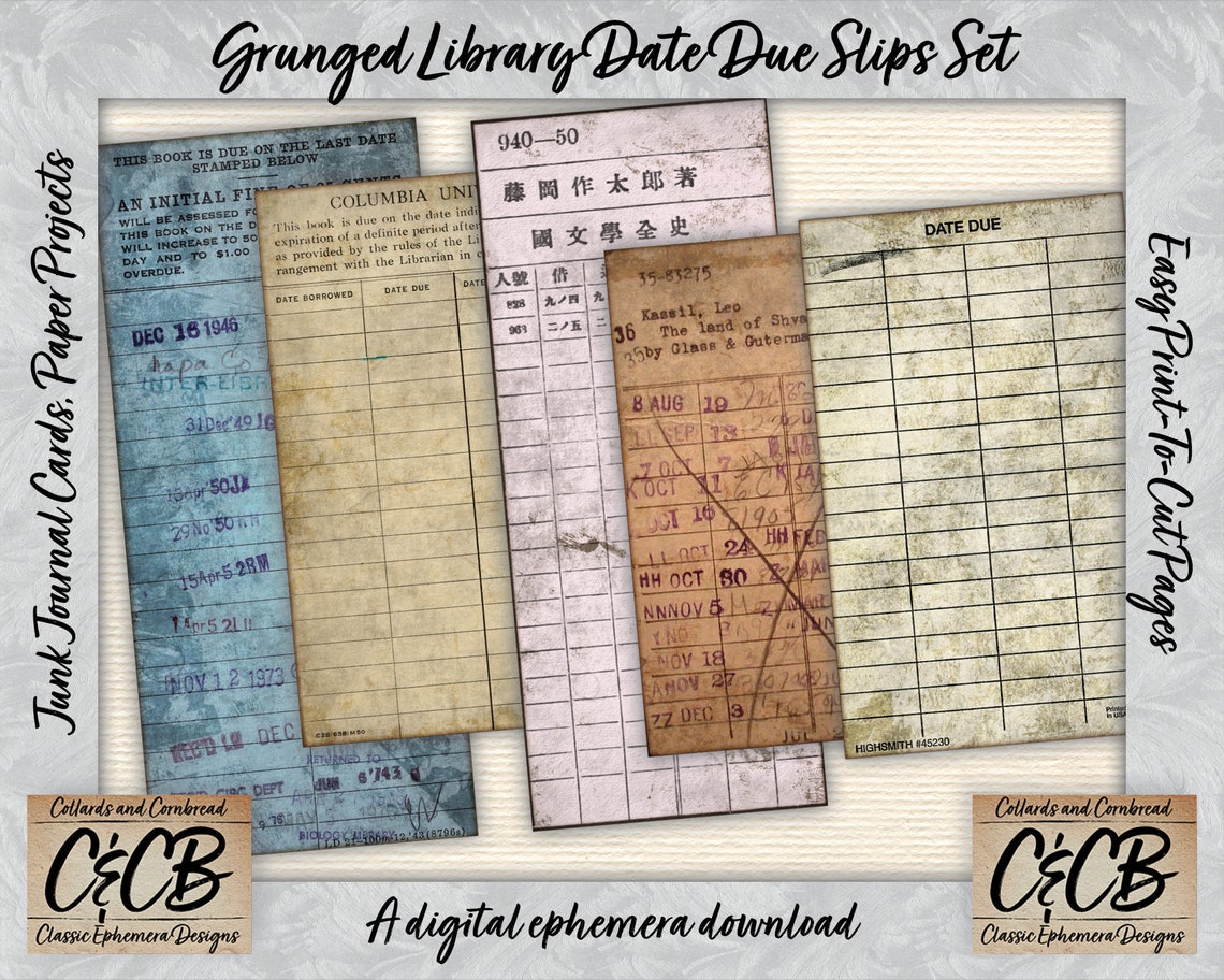 Grunged Library Due Date Slips Printable Digital Download Etsy
