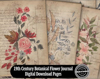 Antique Handwriting and Flowers Journal Pages Digital Download Kit for Junk Journaling, Card Making, Notebooks and Paper Ephemera Projects