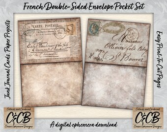 French Grunged and Stained Folding Double Sided Envelope Pockets Digital Download Set #1 for Junk Journals, Scrapbooking & Crafting Projects