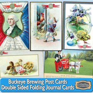Antyczne i zabytkowe składane dwustronne świąteczne pocztówki Buckeye Brewing do pobrania cyfrowego do dzienników śmieciowych, scrapbookingu i rękodzieła papierniczego