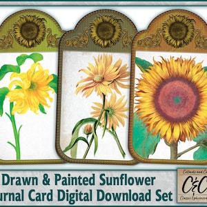 Drawn & Painted Sunflower Journal Cards Digital Download Tag Set for Junk Journaling, Card Making, Notebooks and Paper Ephemera Projects