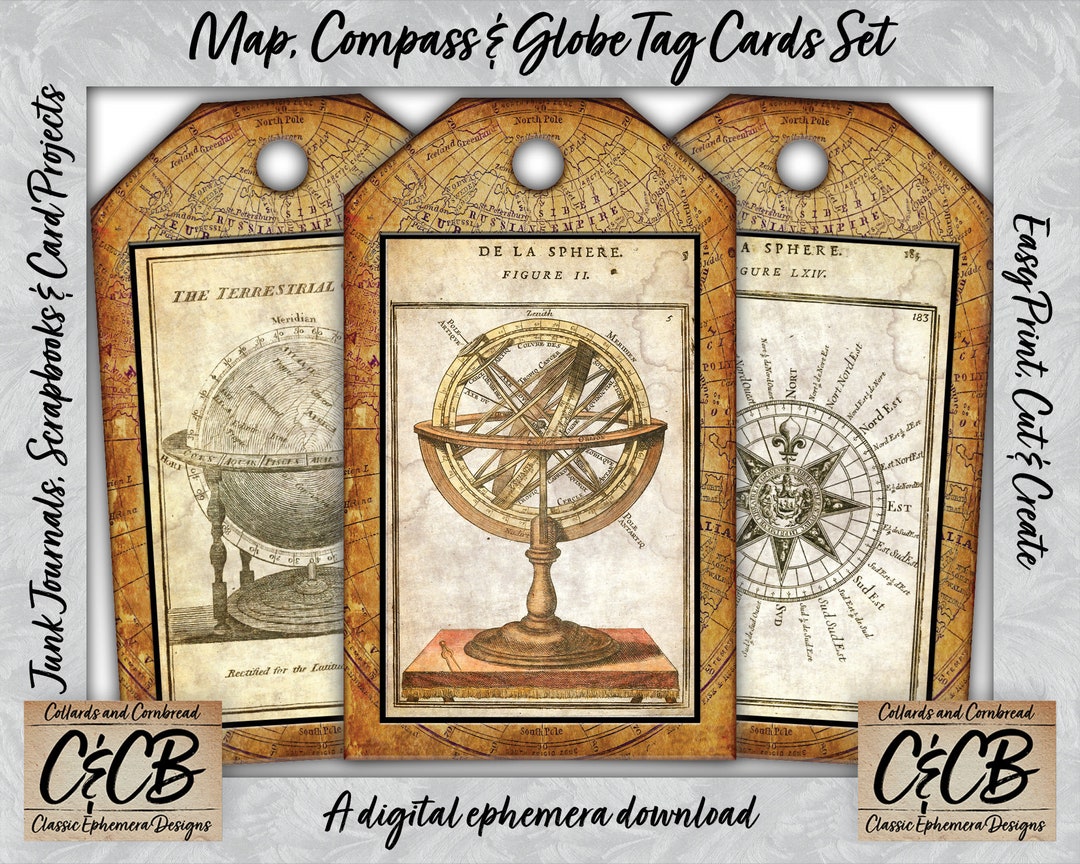 Map Compass Globe Paper Tags, Junk Journal Ephemera (digital Download ...