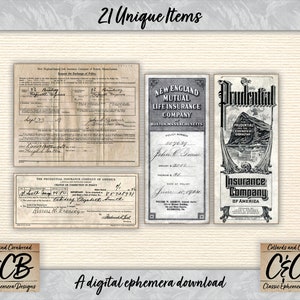 Puede incluir: Una descarga digital de 21 art&iacute;culos de efem&eacute;rides de seguros vintage, que incluyen recibos, facturas y recibos de dep&oacute;sito. Las im&aacute;genes son en blanco y negro y presentan texto como "New England Mutual Life Insurance Company" y "The Prudential Insurance Company of America".