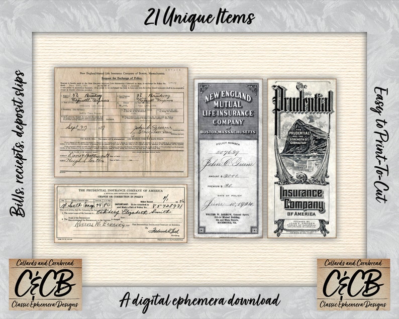 Puede incluir: Una descarga digital de 21 art&iacute;culos de efem&eacute;rides de seguros vintage, que incluyen recibos, facturas y recibos de dep&oacute;sito. Las im&aacute;genes son en blanco y negro y presentan texto como "New England Mutual Life Insurance Company" y "The Prudential Insurance Company of America".