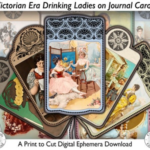 Victoriaanse drinkende dame advertentiekaarten afdrukbare digitale download Ephemera Set voor ongewenste tijdschriften, collage maken, scrapbooking en knutselontwerp