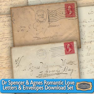 Cartas de amor del Dr. Spencer y Agnes con sobres plegables. Descarga digital para diarios basura, collages, scrapbooking y manualidades.