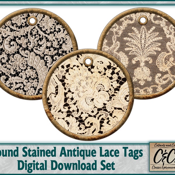 Round Antique Lace Stained and Grunged Journal Tags Digital Download Set for Junk Journaling, Collage Making, Scrapbooking & Craft Projects