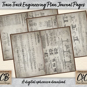Könnte beinhalten: Vier druckbare Journal-Seiten mit Vintage-Eisenbahn-Ingenieurplänen. Die Seiten sind in Schwarzweiß mit einem abgenutzten, gealterten Look. Der Text auf den Seiten lautet "Train Track Engineering Plan Journal Pages".