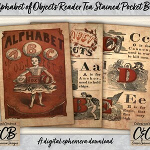 Alphabet d'objets ABC Reader Kit de téléchargement numérique de livre de poche taché de thé pour la création de journaux indésirables, la fabrication de cartes, le scrapbooking et la création de papier