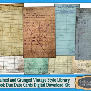 Conjunto de cartões de itens efêmeros para download digital de recibos de entrega de biblioteca grunge para diários de lixo, cartões de registro de diário, álbuns de recortes e artesanato em papel
