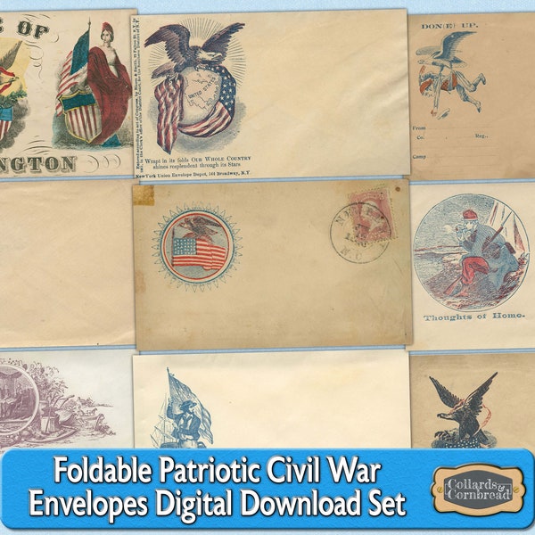 Civil War Era Patriotic Envelope Covers Digital Download Ephemera Pockets for Junk Journals, Cards, Scrapbooks and Paper Crafting