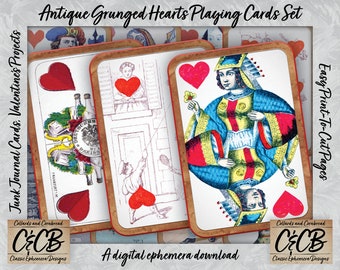 Antique Grunge Hearts Playing Card Digital Download Collection for Valentine's Junk Journaling, Card Making, Scrapbooking and Crafting