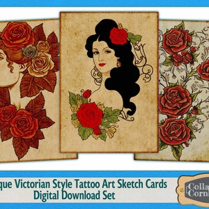 Antique Victorian Style Tattoo Art Sketch Cards Digital Download Set for Junk Journals, Card Making, Scrapbooks and Crafting Designs