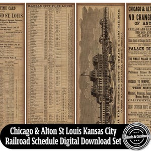 Antique Chicago & Alton St Louis Kansas City Railroad Schedule Page Set Digital Download for Junk Journaling, Card Making, Scrapbooking