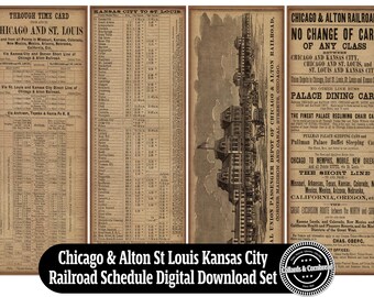 Conjunto de páginas de horários ferroviários antigos de Chicago e Alton St Louis Kansas City para download digital para diário de lixo, criação de cartões e scrapbooking