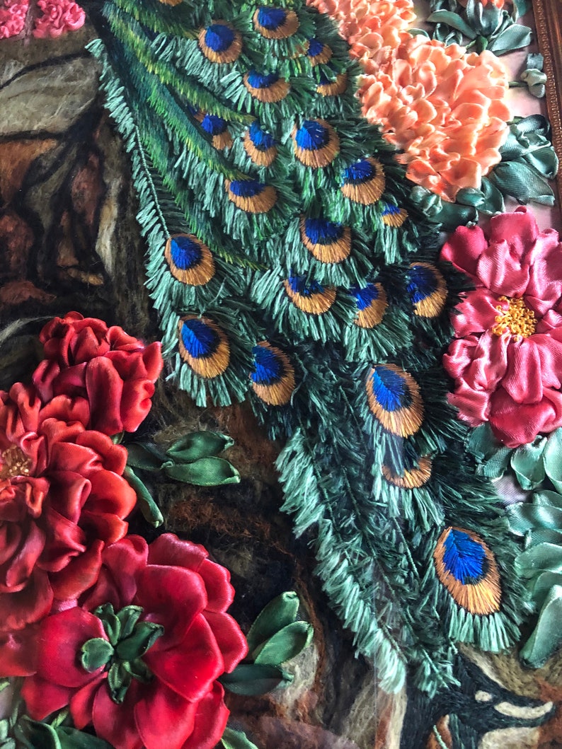 Silk Thread Embroidered Peacocks Picture Wall Hanging Satin Etsy