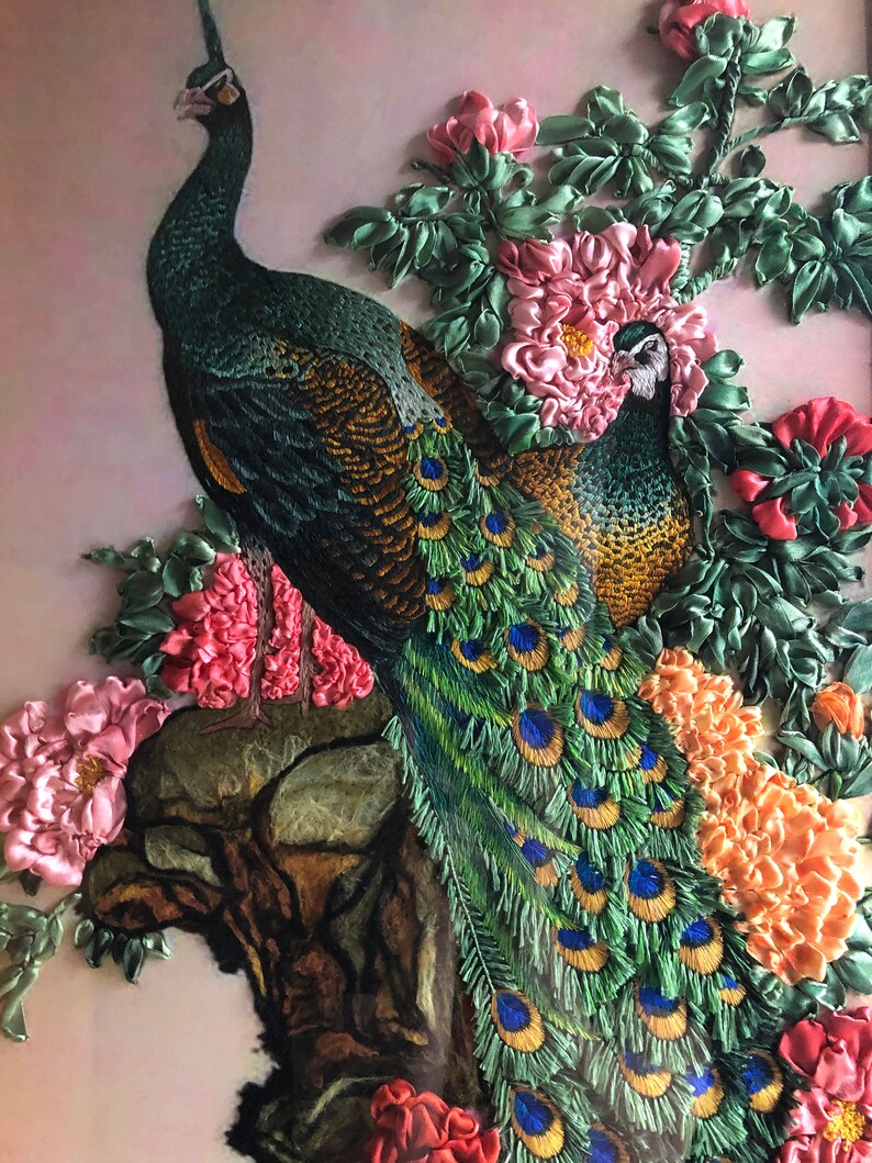 Silk Thread Embroidered Peacocks Picture Wall Hanging Satin Etsy