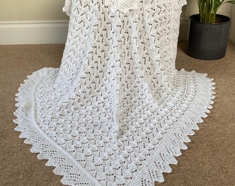 Baby shawl/ blanket hand knitted in a delicate but pretty textured lace design - 38” x 38” approx (97cms x 97 cms approx)