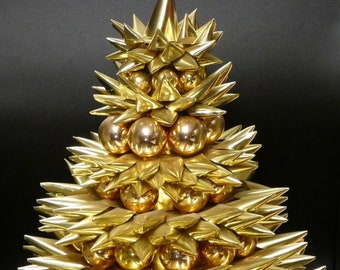 Vintage Weihnachtsbaum Gold folierte Karton mit Merkur Glaskugel Ornamenten