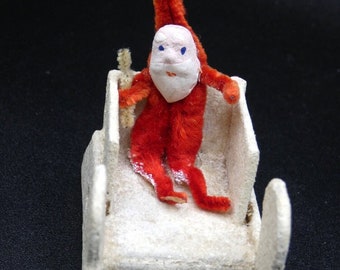Vintage Christmas Belsnickle Santa with Clay Face Putz Cardboard Sleigh Japan