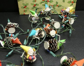 Vintage Christmas Pinecone Elf Gnome Dwarf String Lights with Box Japan Working