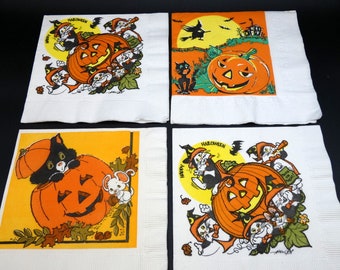 Vintage 1979 Halloween Pumpkin Witch and Black Cat Napkin Lot