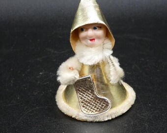 Vintage Christmas Putz Lame Gold Foil Elf with Stocking Japan 2 5/8"