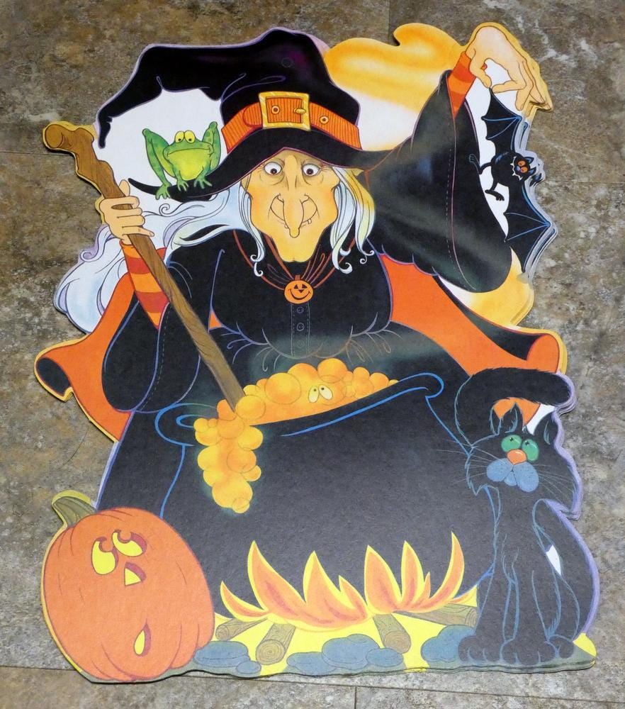 Vintage Halloween Witch With Cauldron Black Cat and JOL Cardboard Cut ...