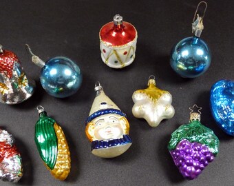 Vintage Christmas Mercury Glass Figural Ornament Lot Bell, Corn, Heart, Jester +