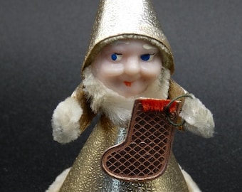 Vintage Christmas Putz Lame Gold Foil Elf with Stocking Japan 2 1/2"