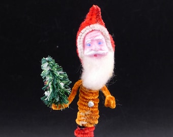 Vintage Christmas Chenille Santa Claus Ornament with Brush Tree Composition Face