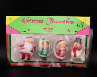 Vintage Christmas Miniature Plastic Pixie Elf Santa and Snowman Decorations NOS