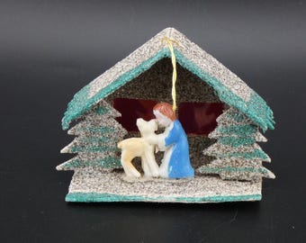 Vintage Christmas Putz Cardboard Mica House Celluloid Angel and Reindeer Japan