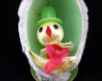 Vintage Easter Yellow Chenille Bunny Diorama Green Egg Putz Decoration
