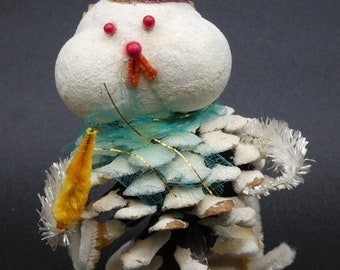 Vintage Christmas Putz Mica Glitter Pinecone Snowman with Pink Top Hat Ornament Japan 3 7/8" tall