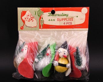 Vintage Christmas Spun Cotton Pixie Elf Santa with Chenille Tree Japan Package