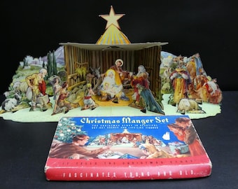 Vintage Christmas Whitman Cardboard Nativity Diorama Scene Manger Set 743