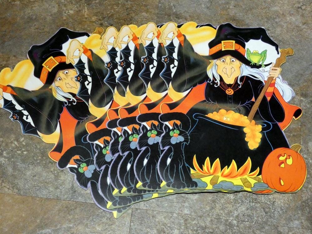 Vintage Halloween Witch With Cauldron Black Cat and JOL Cardboard Cut ...