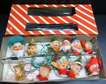 Vintage Christmas Knee Hugger Elf Head Gnome String Lights w/ Box Japan Working