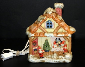 Vintage Christmas Enesco Elves Porcelain Cottage Light Up Music Box Silent Night