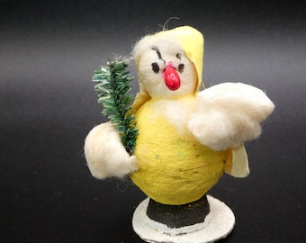 Vintage Christmas Putz Spun Cotton Yellow Elf with Brush Tree 2 1/4" Japan