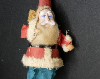 Vintage 1930s Christmas Belsnickle Crepe Paper Santa with Blue Pants and Brush Tree Made in Japan