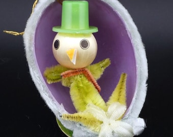 Vintage Easter Yellow Chenille Bunny Diorama Purple Egg Putz Decoration
