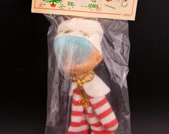 Vintage Christmas Santa Land Pixie Elf with Blue Hair & Striped Pajamas NOS