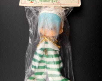 Vintage Christmas Santa Land Pixie Elf with Blue Hair & Striped Pajamas NOS