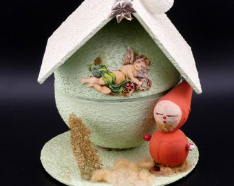 Vintage Christmas Rare Putz Snowball House with Elf Candy Container West Germany